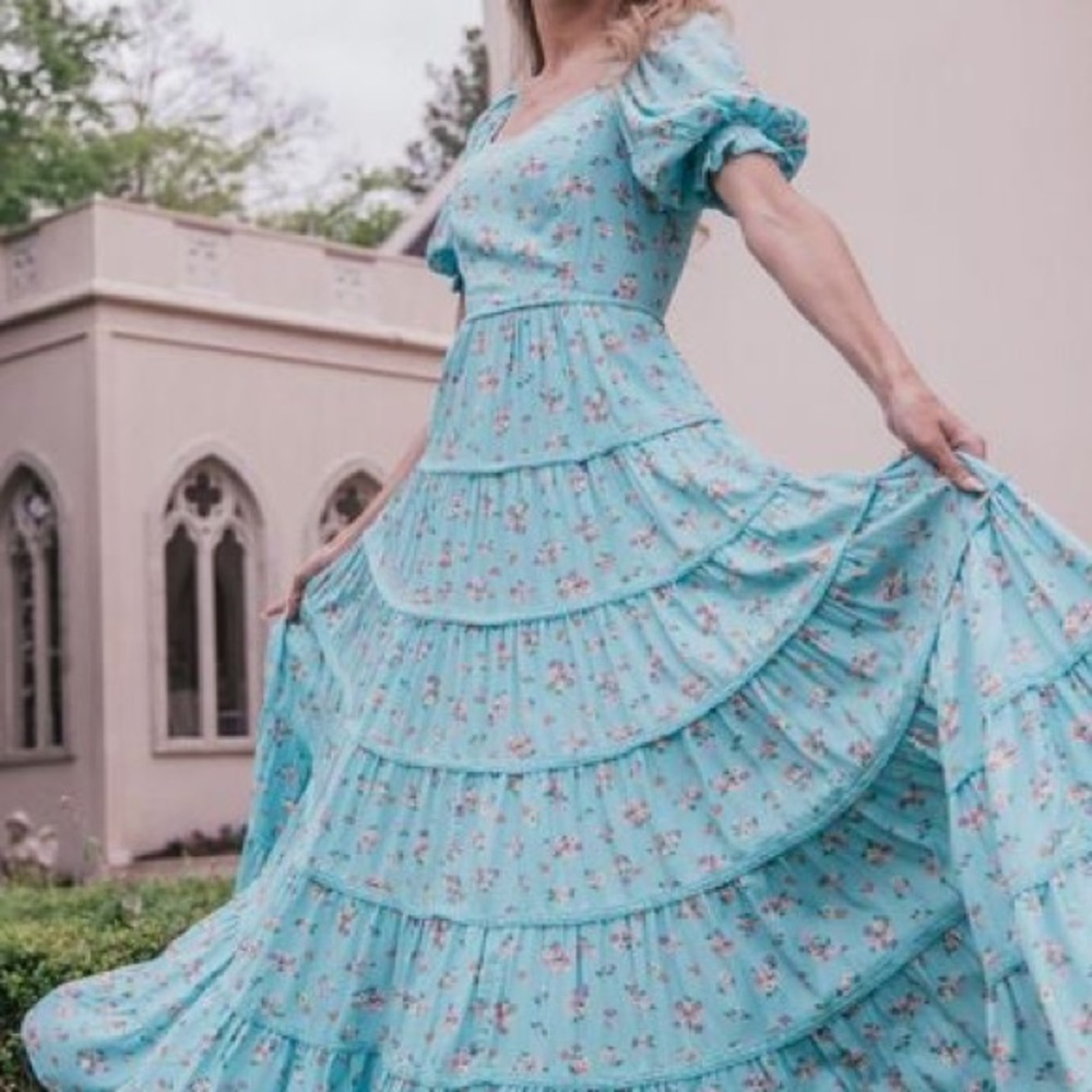 JessaKae Aqua Floral Tiered Short Sleeve Maxi Dress